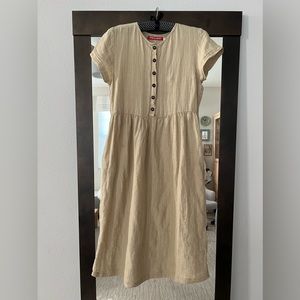 Authentic Pyne and Smith model no 16 linen maxi dress in creme pinstripe